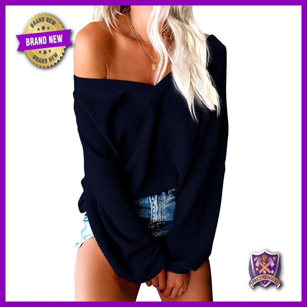 Oversized Off Shoulder Sweater Top Long Sleeve Waffle Knit Pullover